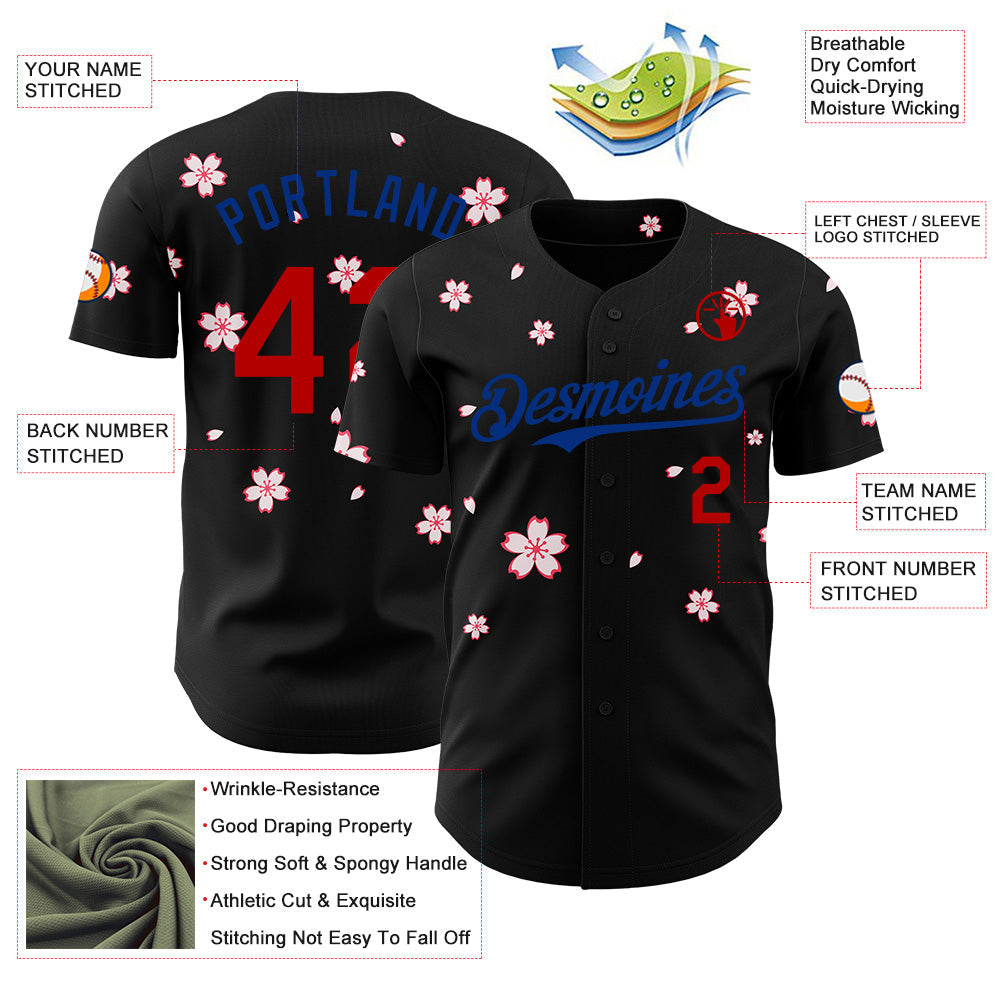 Custom Black Red-Royal Cherry Blossoms Sakura Authentic Baseball Jersey