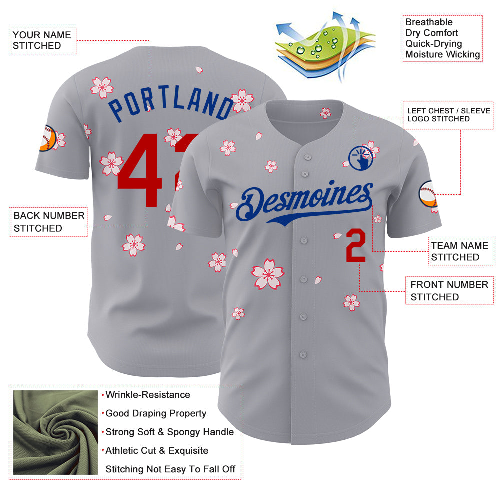 Custom Gray Red-Royal Cherry Blossoms Sakura Authentic Baseball Jersey