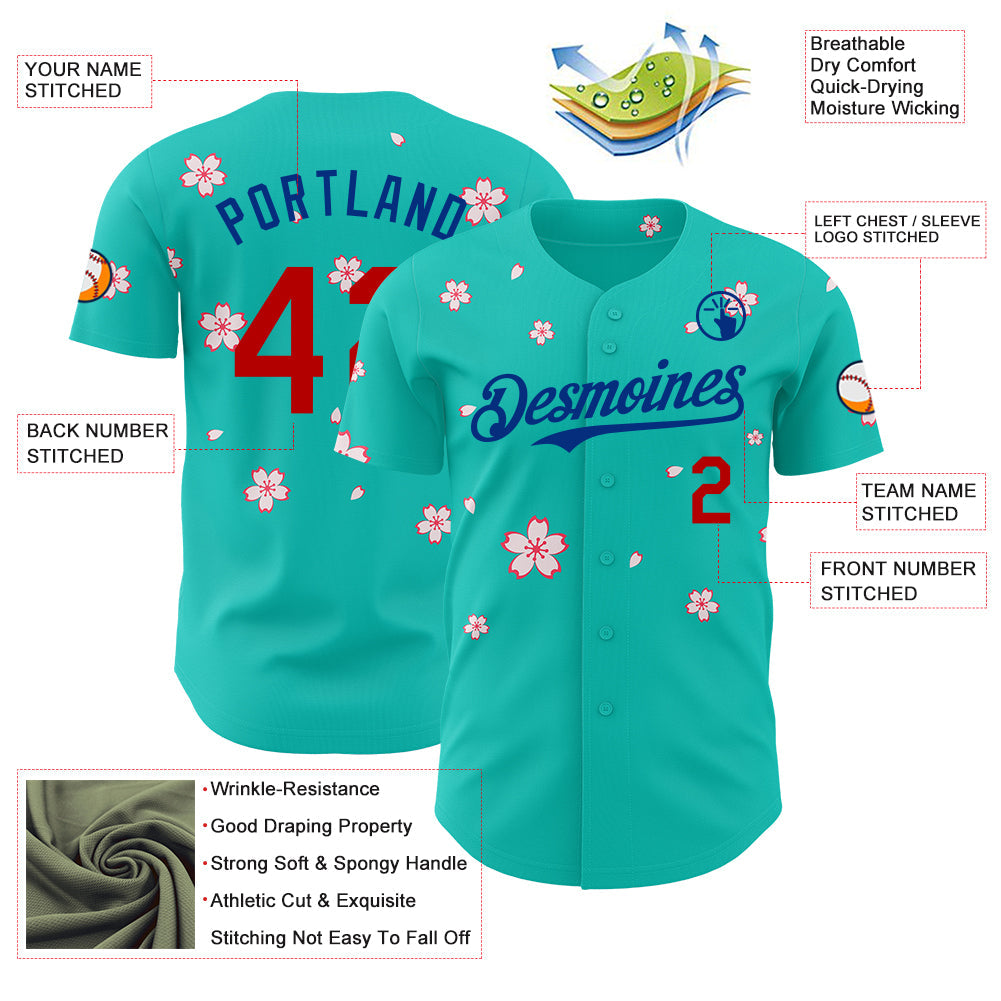 Custom Aqua Red-Royal Cherry Blossoms Sakura Authentic Baseball Jersey