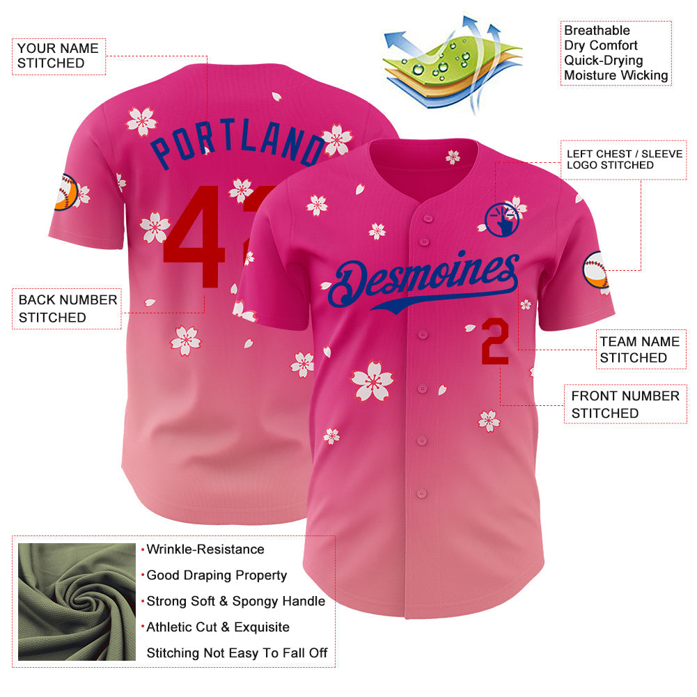 Custom Pink Red-Royal Cherry Blossoms Sakura Gradient Authentic Baseball Jersey