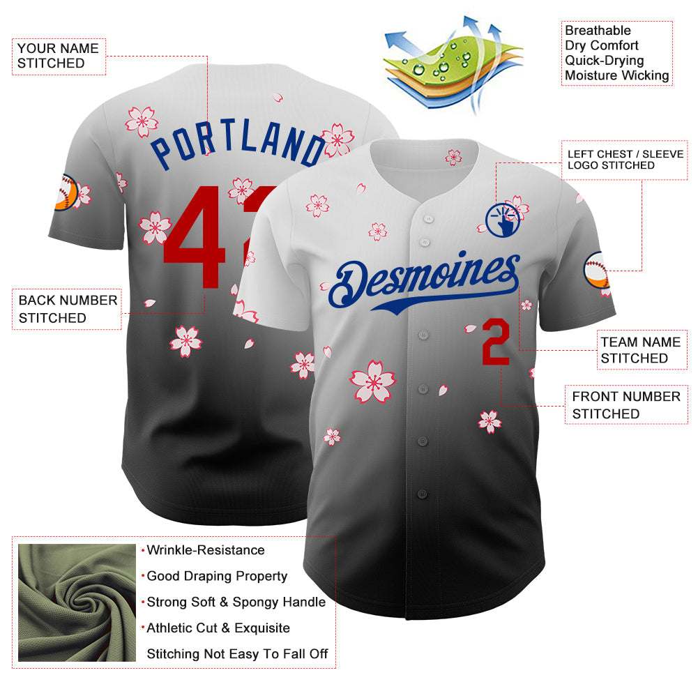 Custom White Red Black-Royal Cherry Blossoms Sakura Gradient Authentic Baseball Jersey