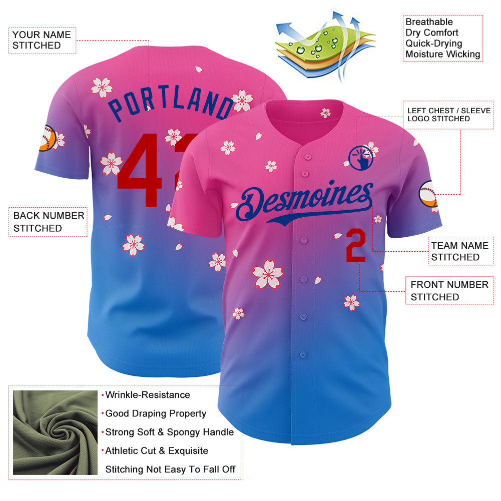Custom Pink Red-Royal Cherry Blossoms Sakura Gradient Authentic Baseball Jersey