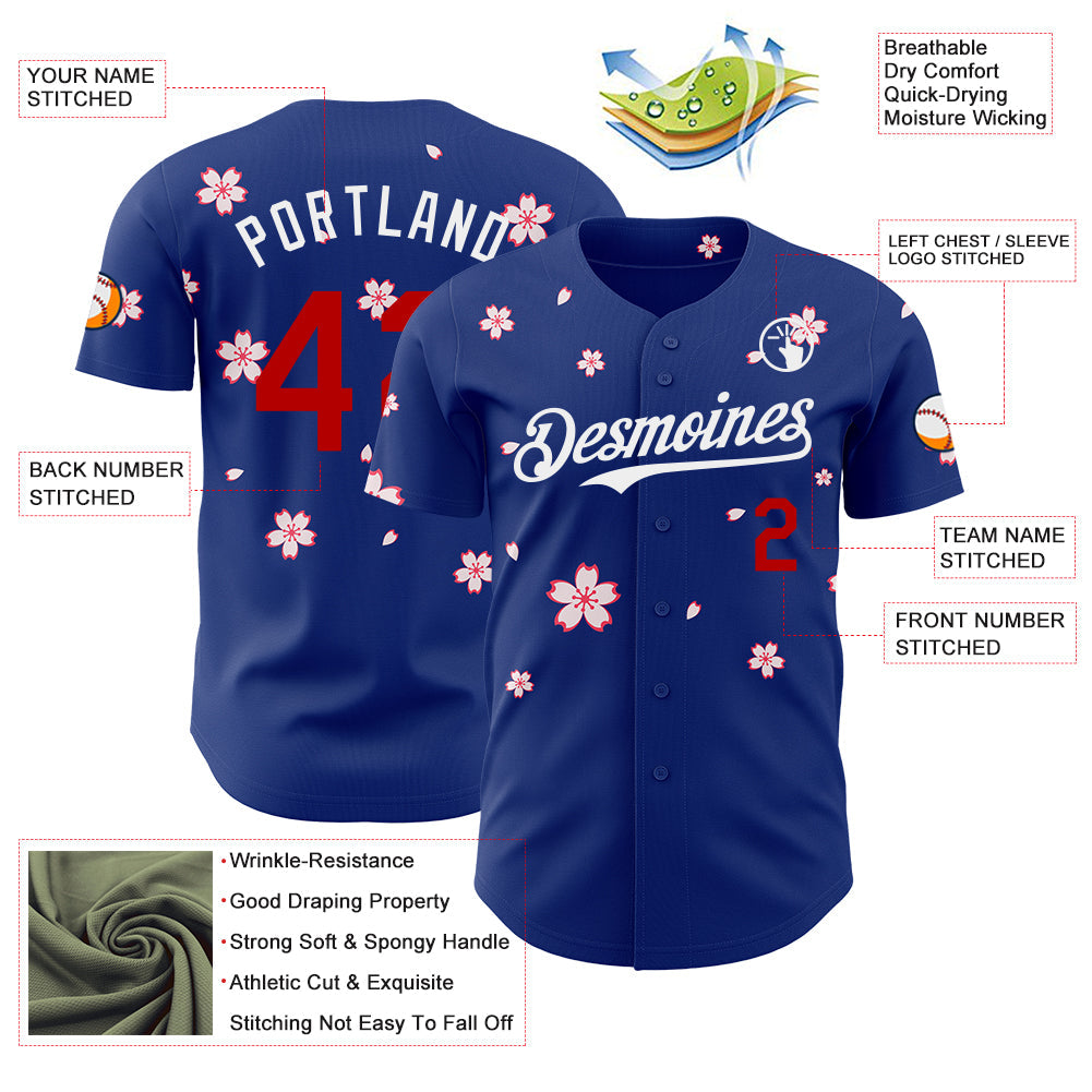Custom Royal Red-White Cherry Blossoms Sakura Authentic Baseball Jersey