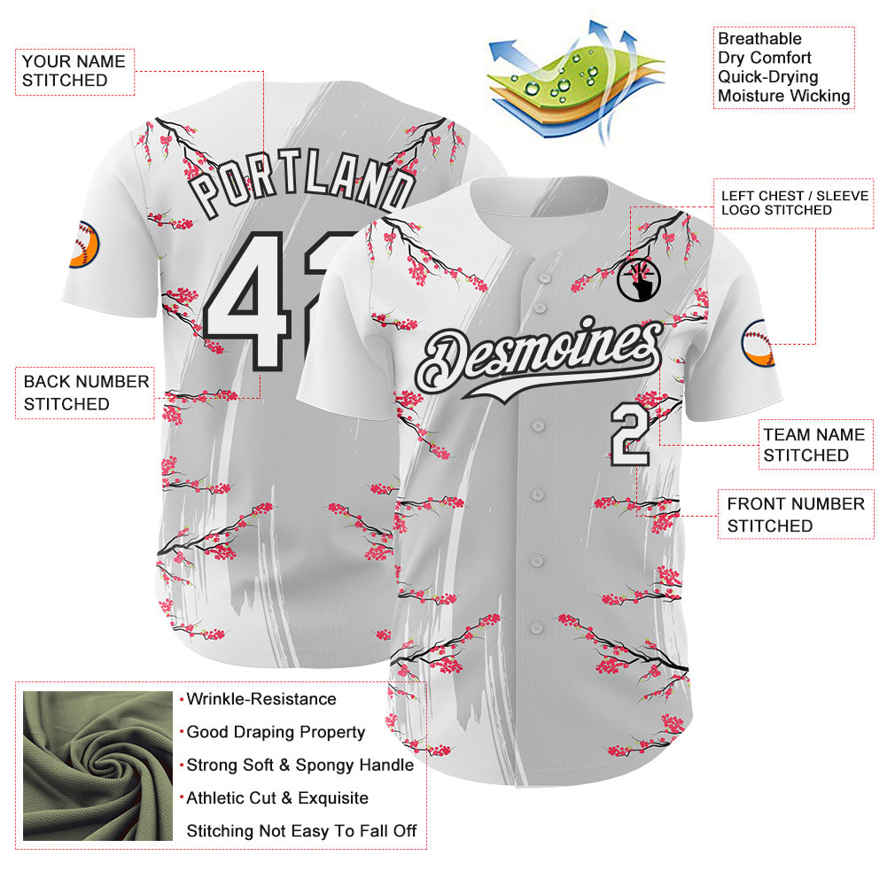 Custom White Gray-Black Cherry Blossoms Sakura Authentic Baseball Jersey
