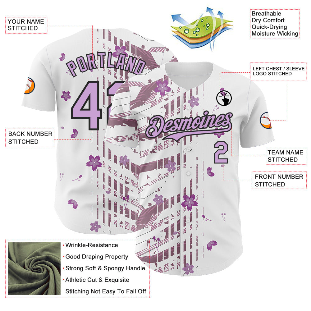 Custom White Light Purple-Black Cherry Blossoms Sakura Authentic Baseball Jersey