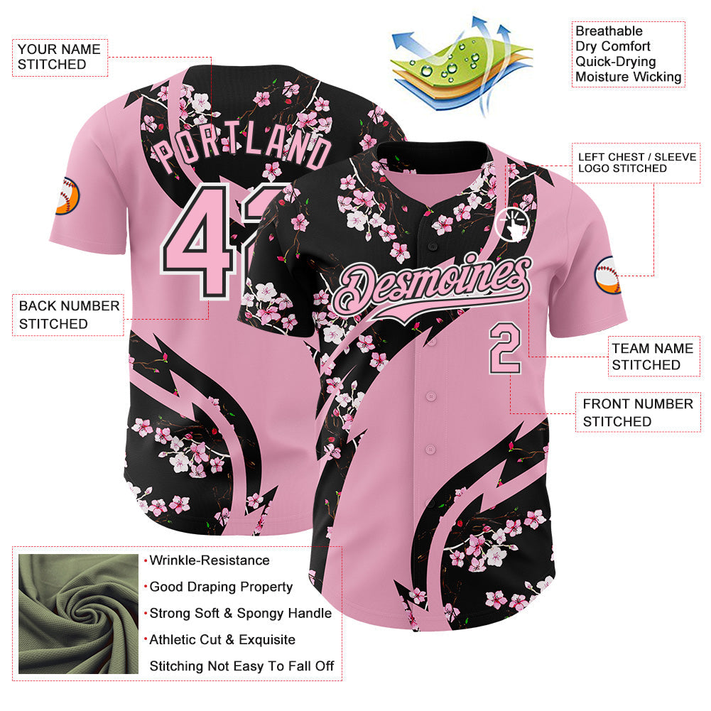 Custom Light Pink Black-White Cherry Blossoms Sakura Authentic Baseball Jersey