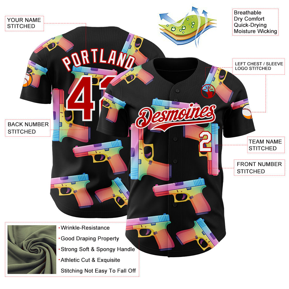 Custom Black Red-White Colorful Firepower 3D Pattern Design Authentic Baseball Jersey