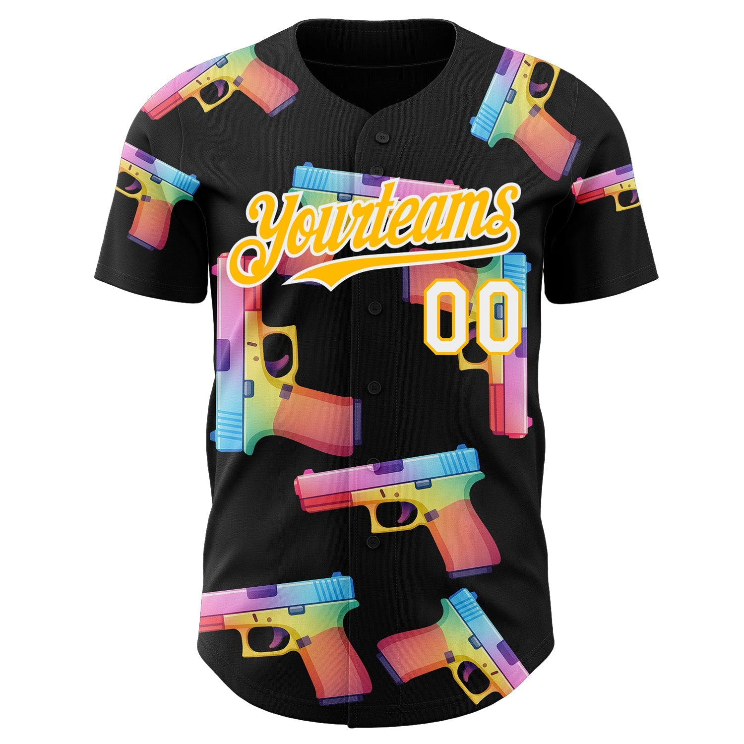 Custom Black Gold-White Colorful Firepower 3D Pattern Design Authentic Baseball Jersey