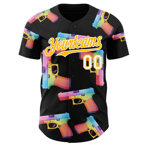 Custom Black Gold-White Colorful Firepower 3D Pattern Design Authentic Baseball Jersey