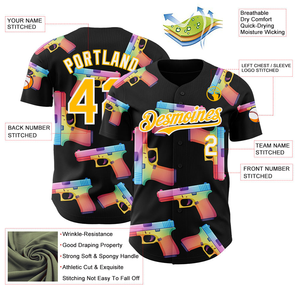 Custom Black Gold-White Colorful Firepower 3D Pattern Design Authentic Baseball Jersey