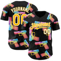 Custom Black Gold-White Colorful Firepower 3D Pattern Design Authentic Baseball Jersey