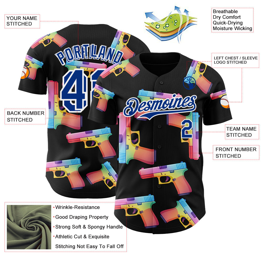 Custom Black Royal-White Colorful Firepower 3D Pattern Design Authentic Baseball Jersey