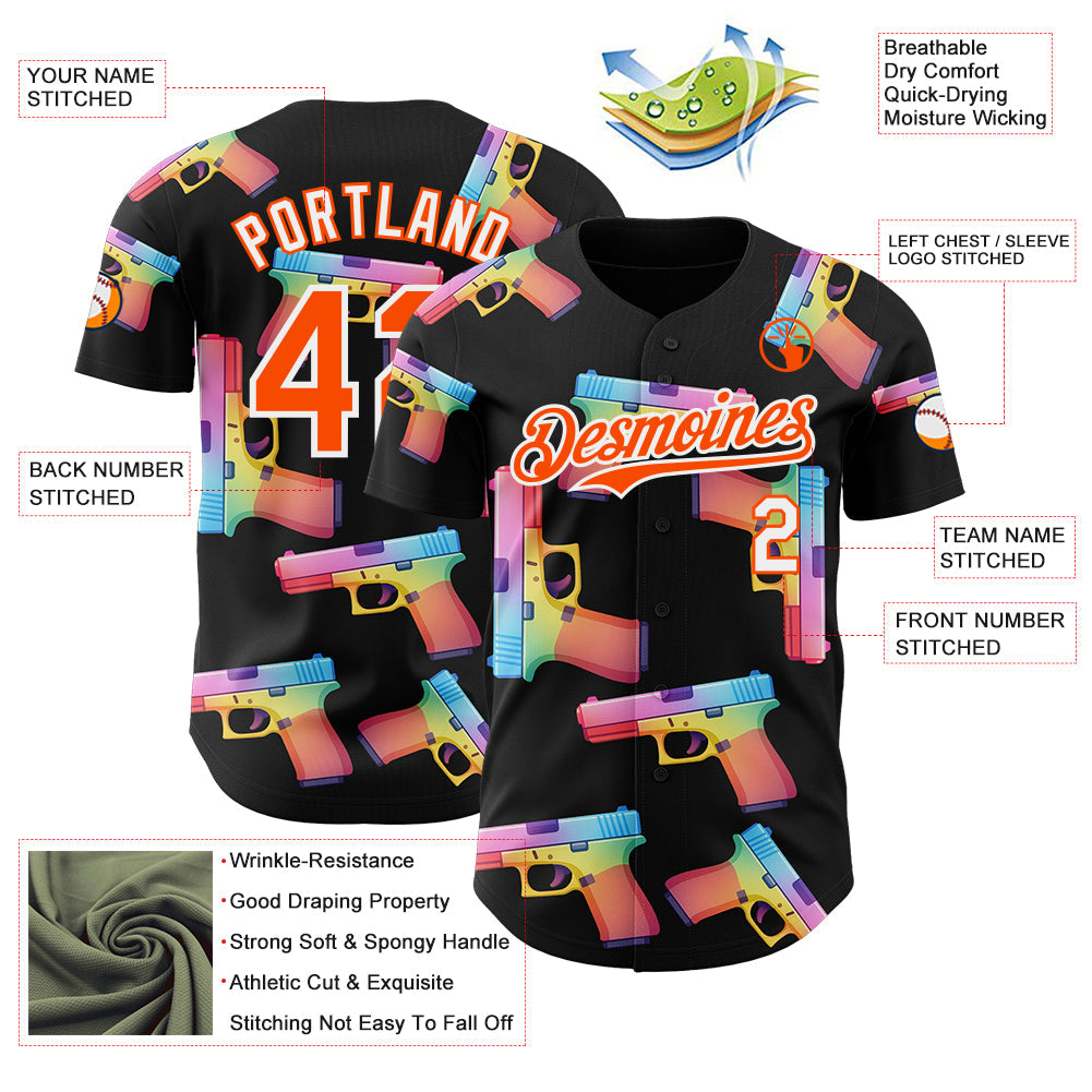 Custom Black Orange-White Colorful Firepower 3D Pattern Design Authentic Baseball Jersey
