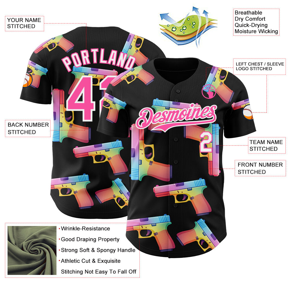 Custom Black Pink-White Colorful Firepower 3D Pattern Design Authentic Baseball Jersey
