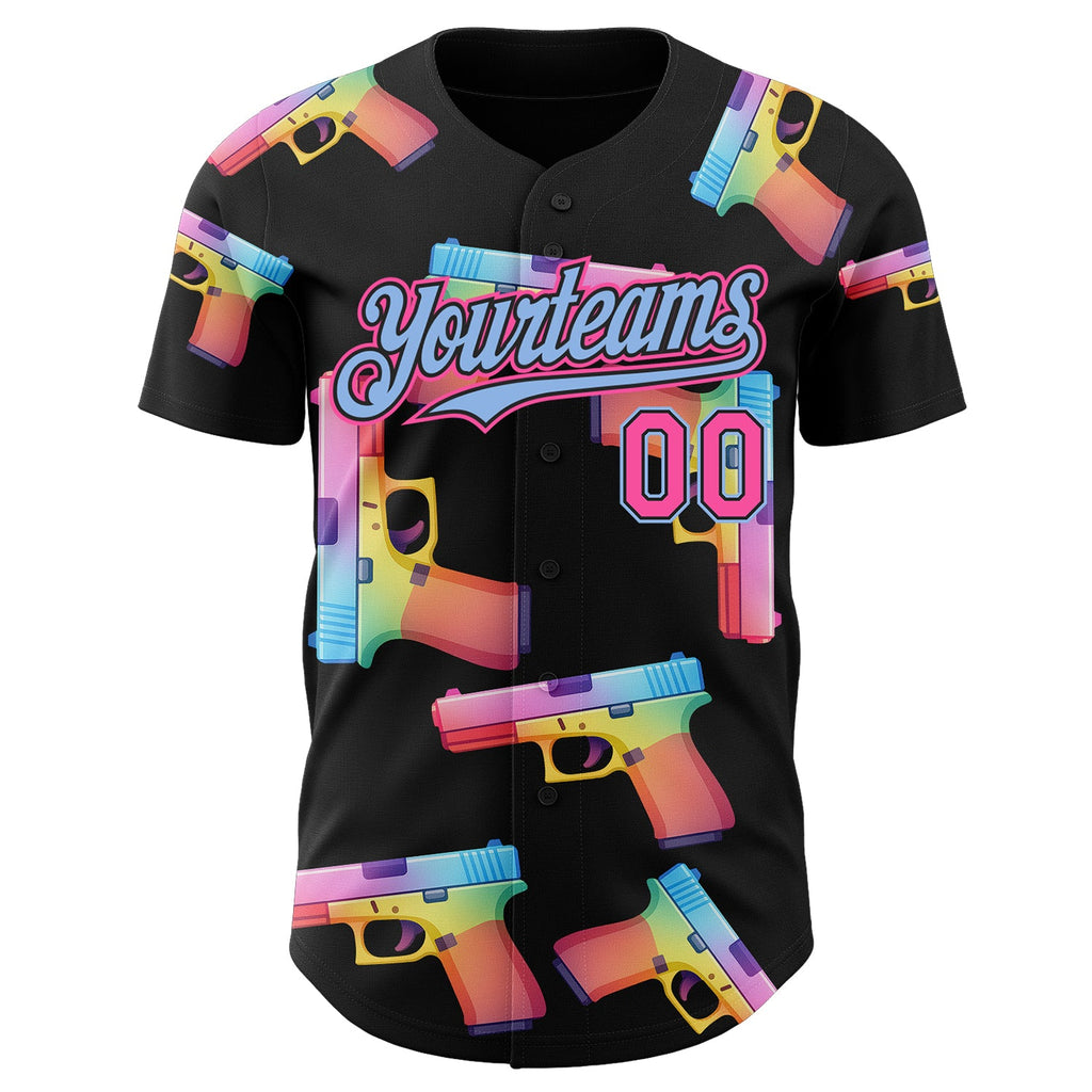 Custom Black Pink-Light Blue Colorful Firepower 3D Pattern Design Authentic Baseball Jersey
