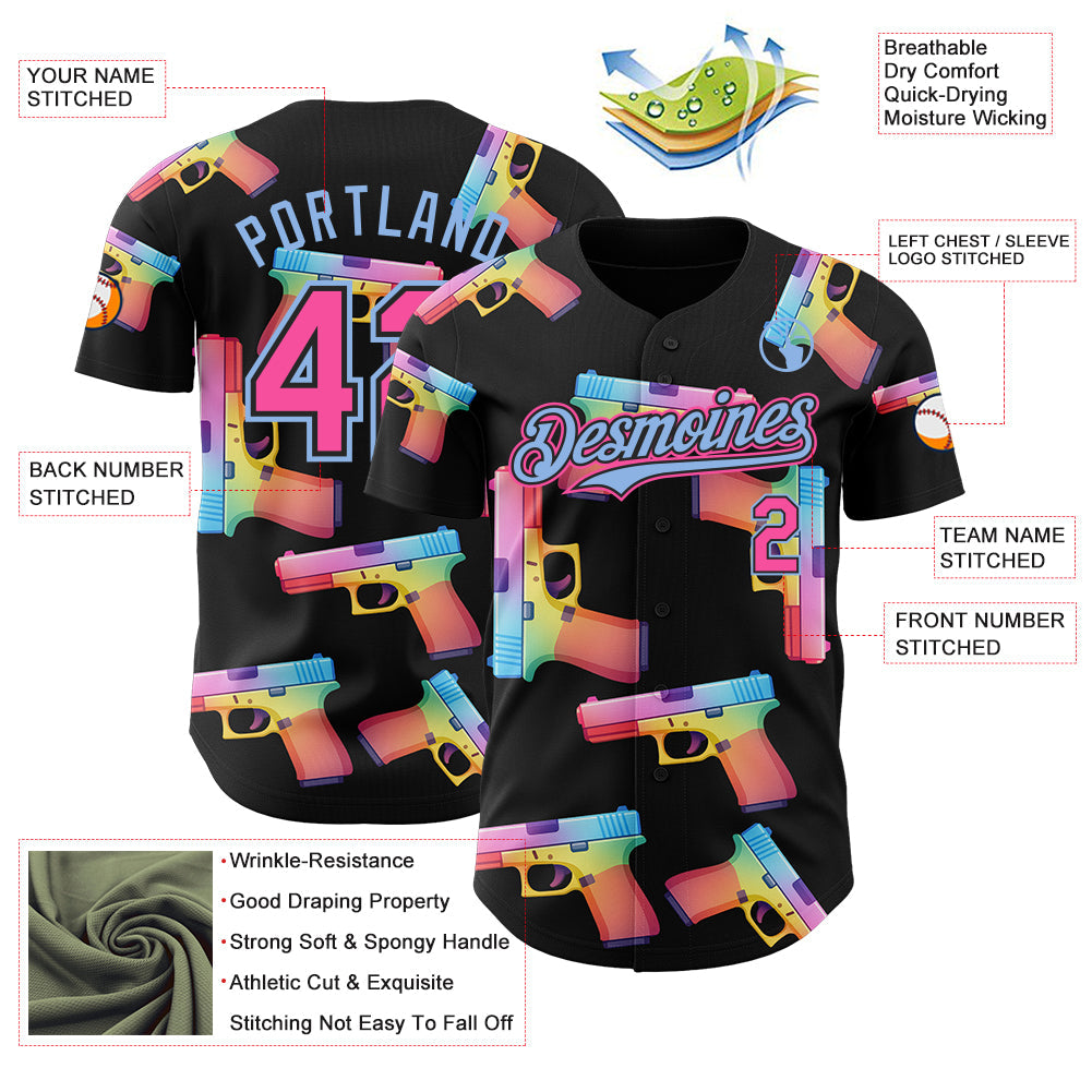 Custom Black Pink-Light Blue Colorful Firepower 3D Pattern Design Authentic Baseball Jersey