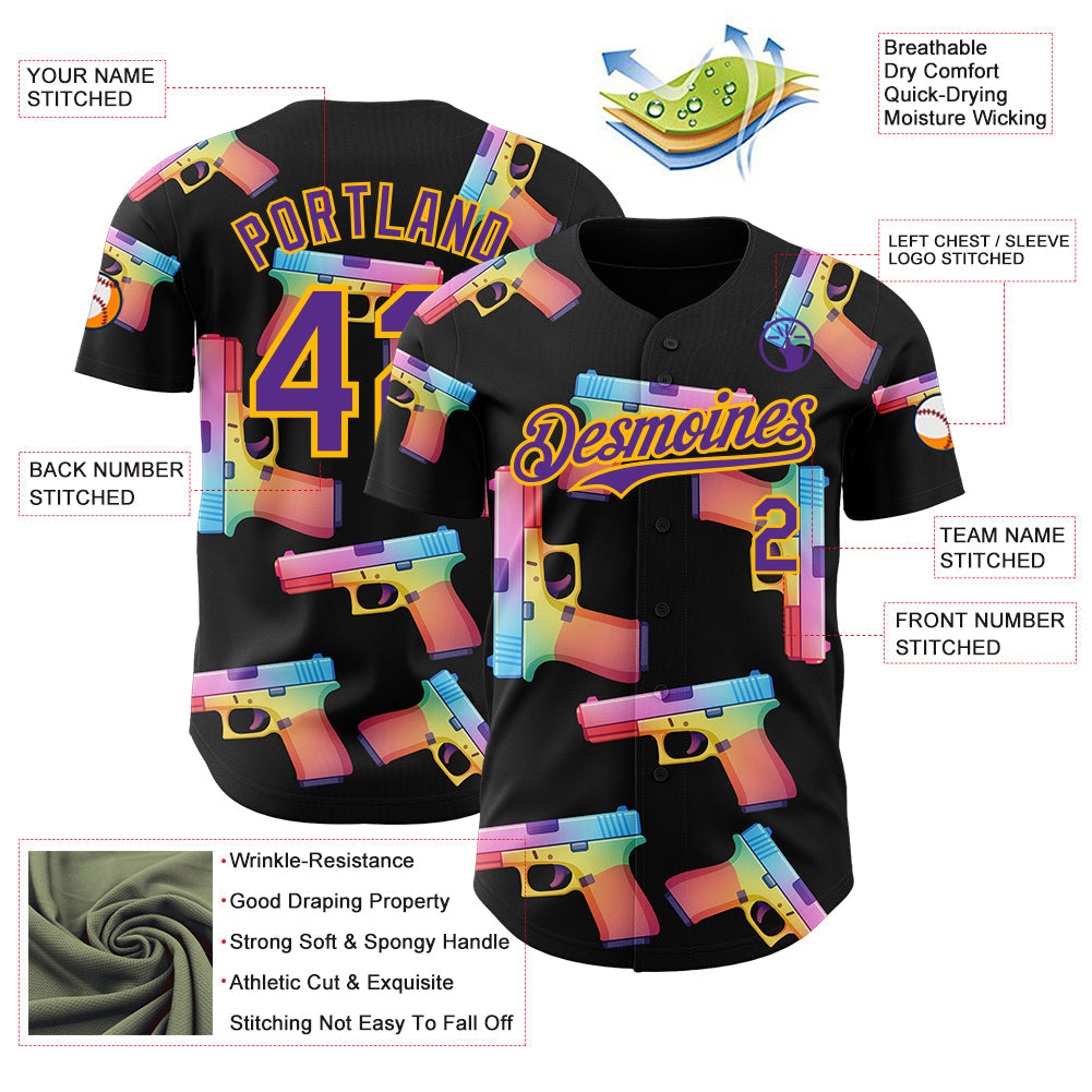 Custom Black Purple-Gold Colorful Firepower 3D Pattern Design Authentic Baseball Jersey