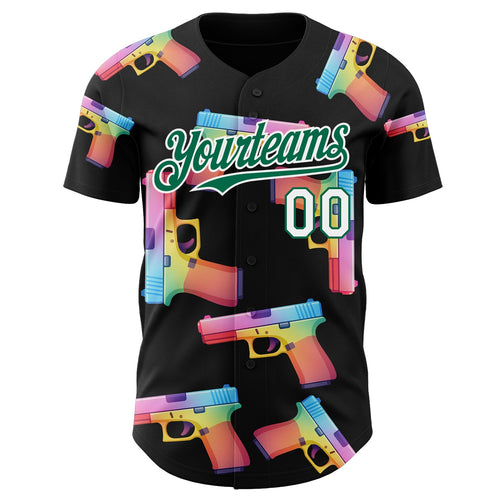 Custom Black Kelly Green-White Colorful Firepower 3D Pattern Design Authentic Baseball Jersey