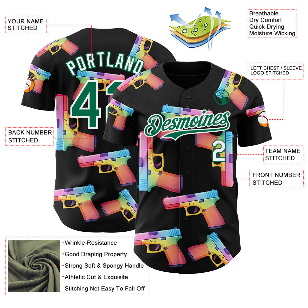Custom Black Kelly Green-White Colorful Firepower 3D Pattern Design Authentic Baseball Jersey