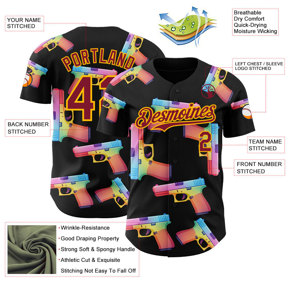 Custom Black Crimson-Gold Colorful Firepower 3D Pattern Design Authentic Baseball Jersey