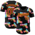 Custom Black Crimson-Gold Colorful Firepower 3D Pattern Design Authentic Baseball Jersey