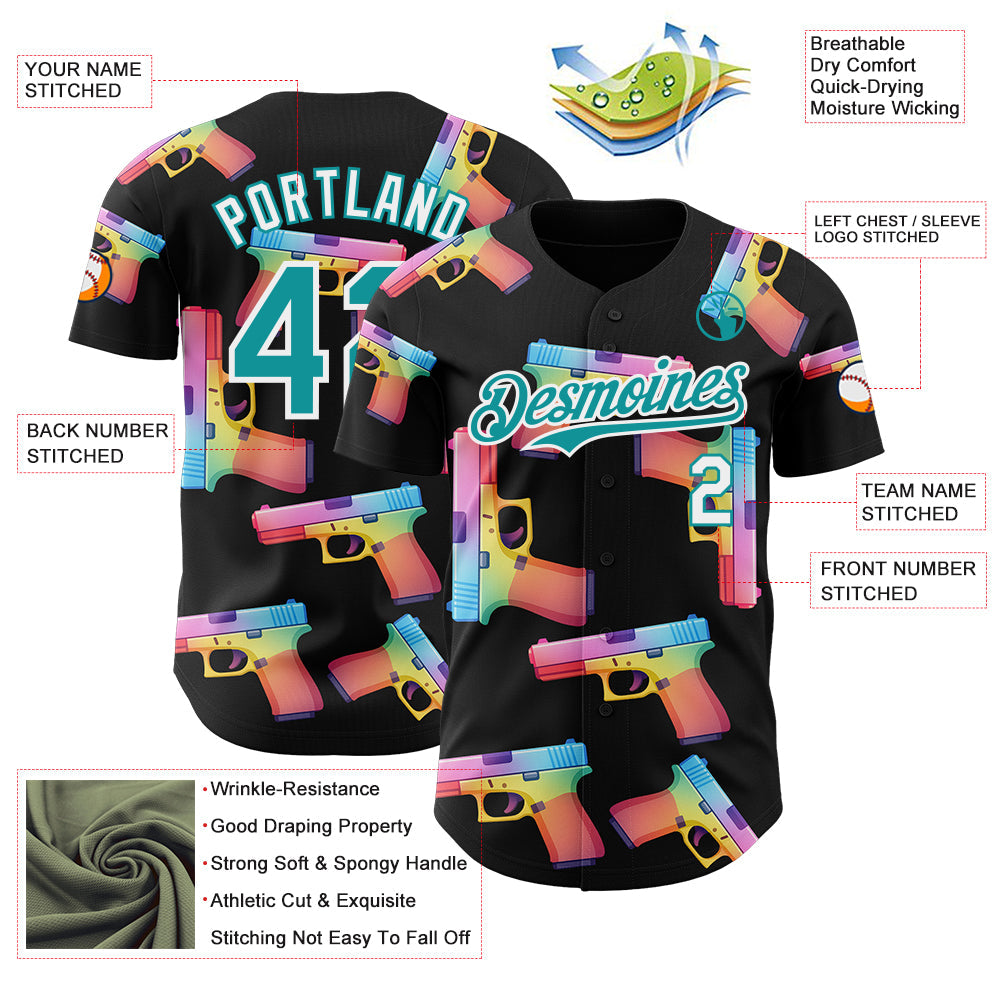 Custom Black Teal-White Colorful Firepower 3D Pattern Design Authentic Baseball Jersey
