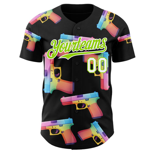 Custom Black Neon Green-White Colorful Firepower 3D Pattern Design Authentic Baseball Jersey