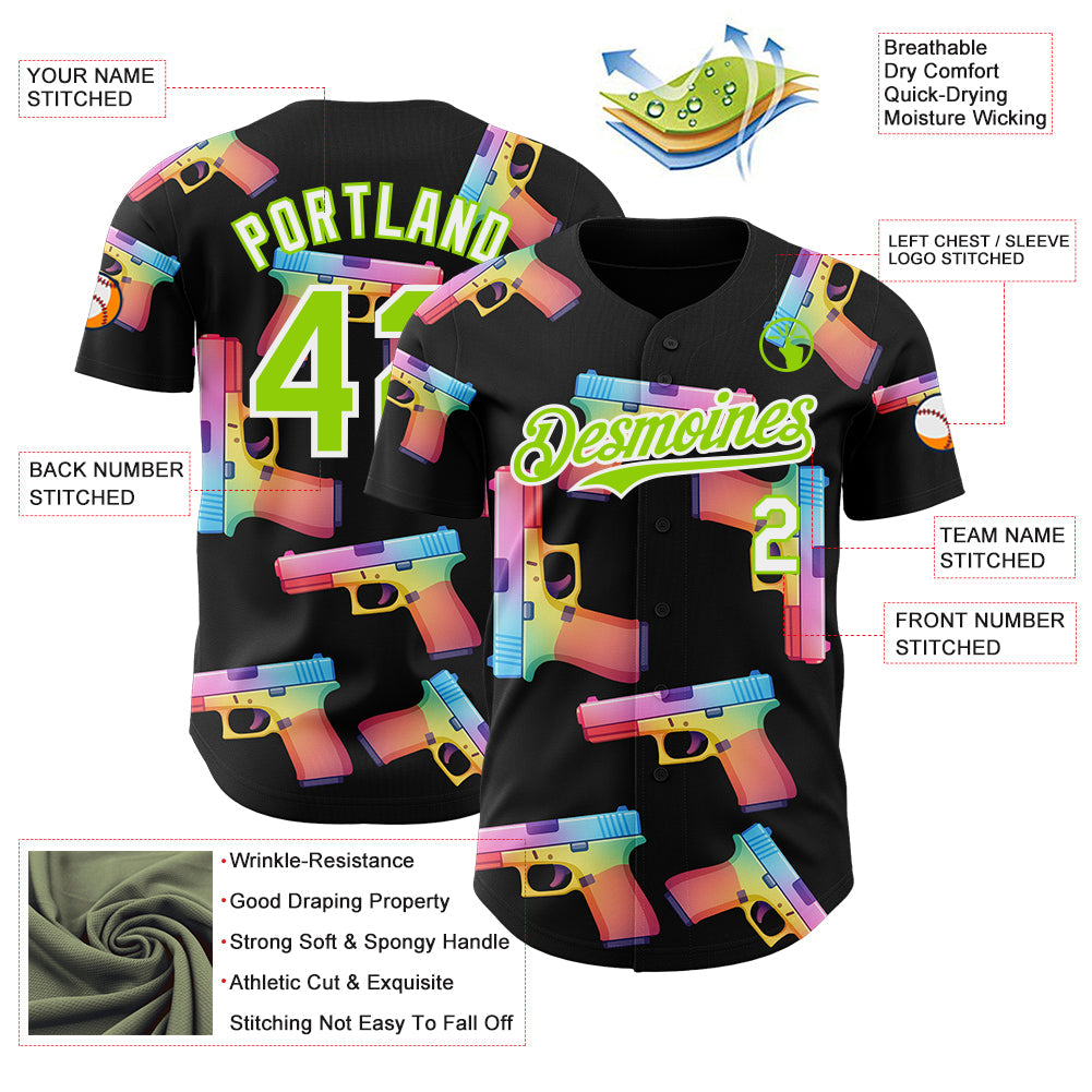 Custom Black Neon Green-White Colorful Firepower 3D Pattern Design Authentic Baseball Jersey