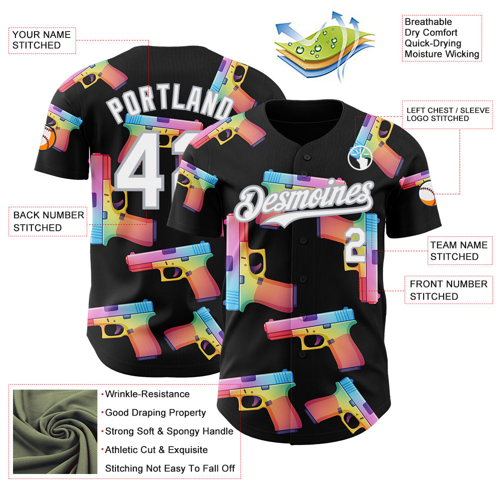 Custom Black White-Gray Colorful Firepower 3D Pattern Design Authentic Baseball Jersey