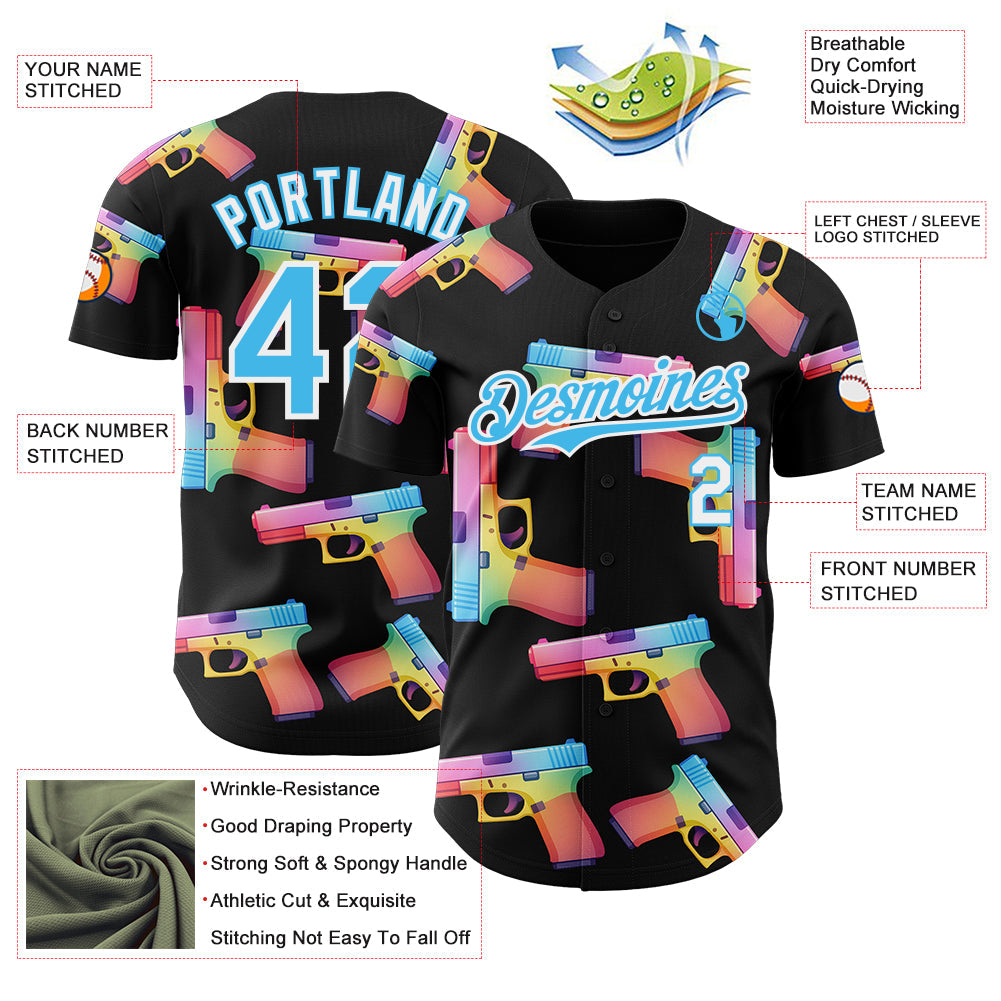 Custom Black Sky Blue-White Colorful Firepower 3D Pattern Design Authentic Baseball Jersey