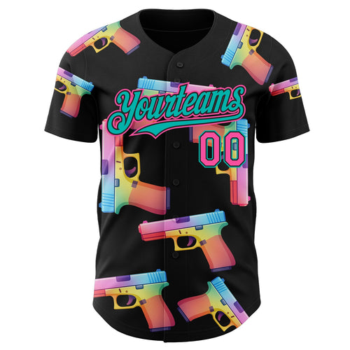 Custom Black Pink-Aqua Colorful Firepower 3D Pattern Design Authentic Baseball Jersey