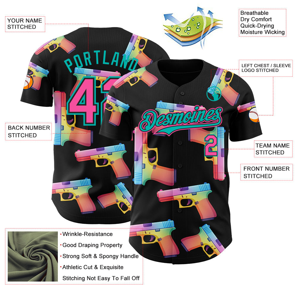 Custom Black Pink-Aqua Colorful Firepower 3D Pattern Design Authentic Baseball Jersey