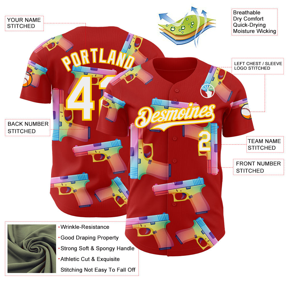 Custom Red White-Yellow Colorful Firepower 3D Pattern Design Authentic Baseball Jersey
