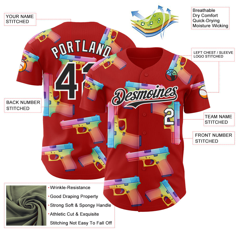 Custom Red Black-White Colorful Firepower 3D Pattern Design Authentic Baseball Jersey