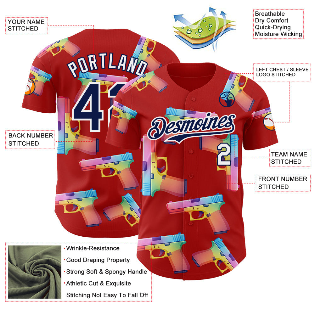 Custom Red Navy-White Colorful Firepower 3D Pattern Design Authentic Baseball Jersey