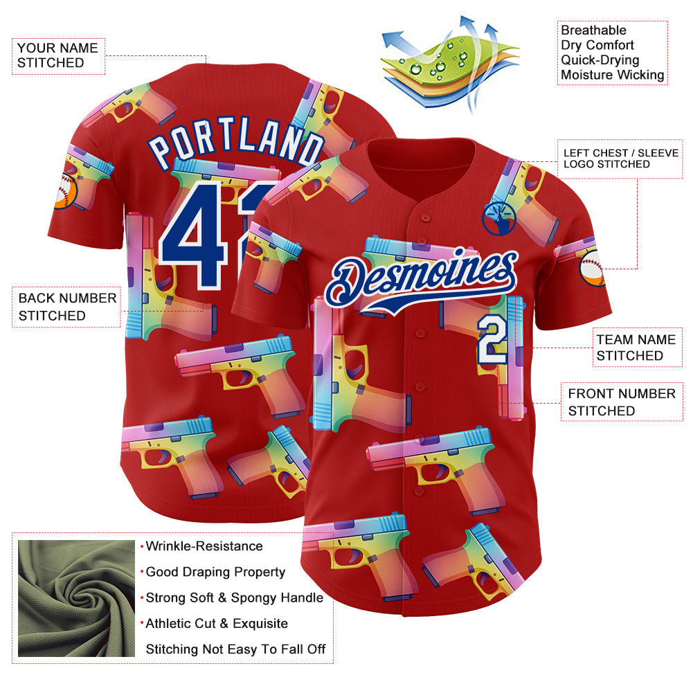 Custom Red Royal-White Colorful Firepower 3D Pattern Design Authentic Baseball Jersey