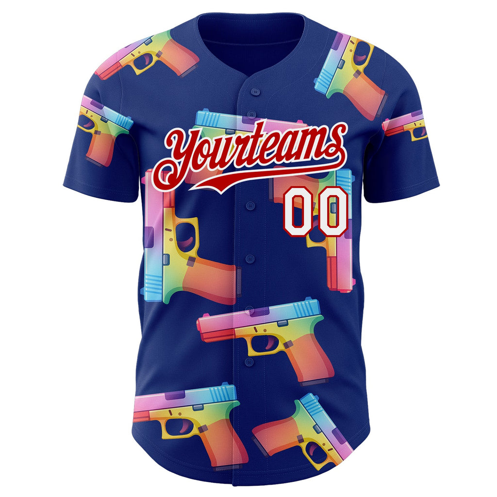 Custom Royal Red-White Colorful Firepower 3D Pattern Design Authentic Baseball Jersey