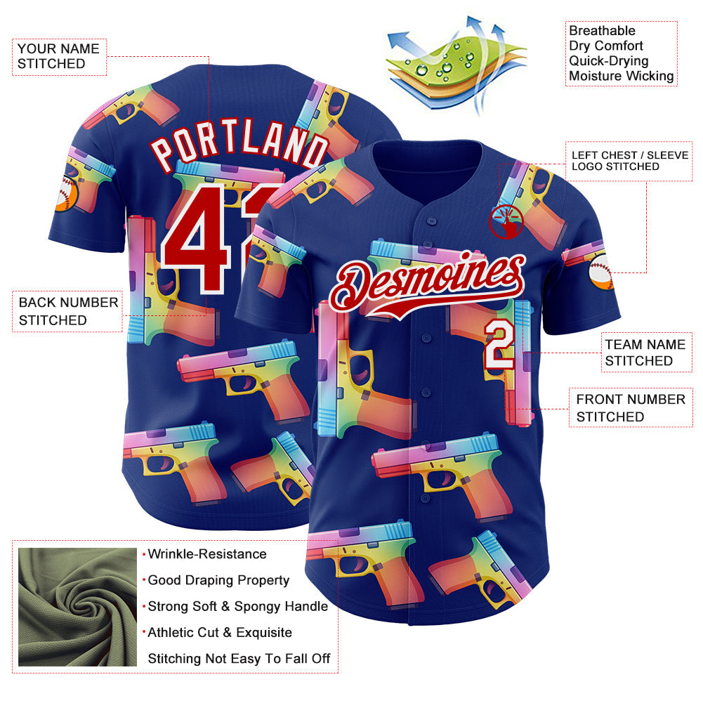 Custom Royal Red-White Colorful Firepower 3D Pattern Design Authentic Baseball Jersey