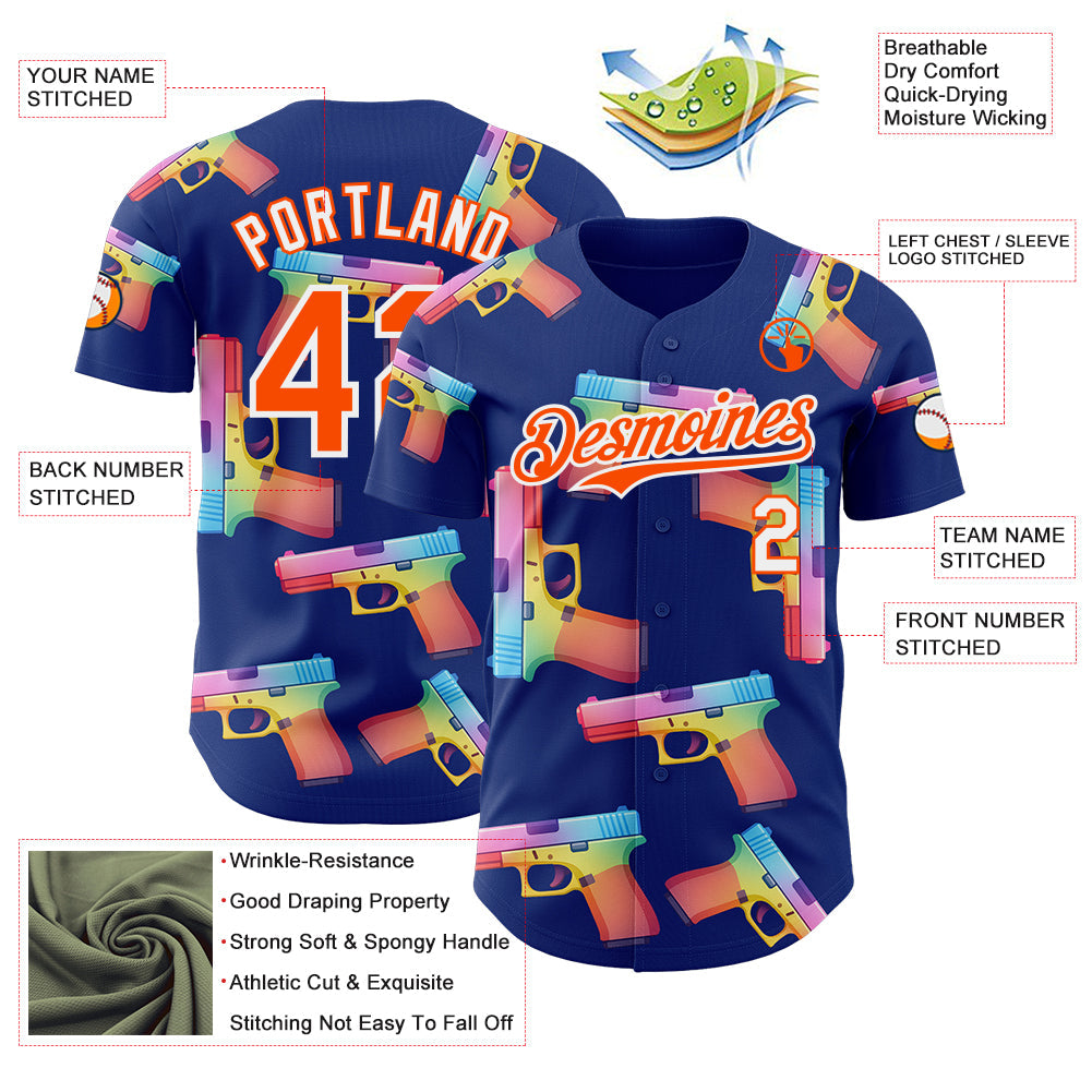 Custom Royal Orange-White Colorful Firepower 3D Pattern Design Authentic Baseball Jersey