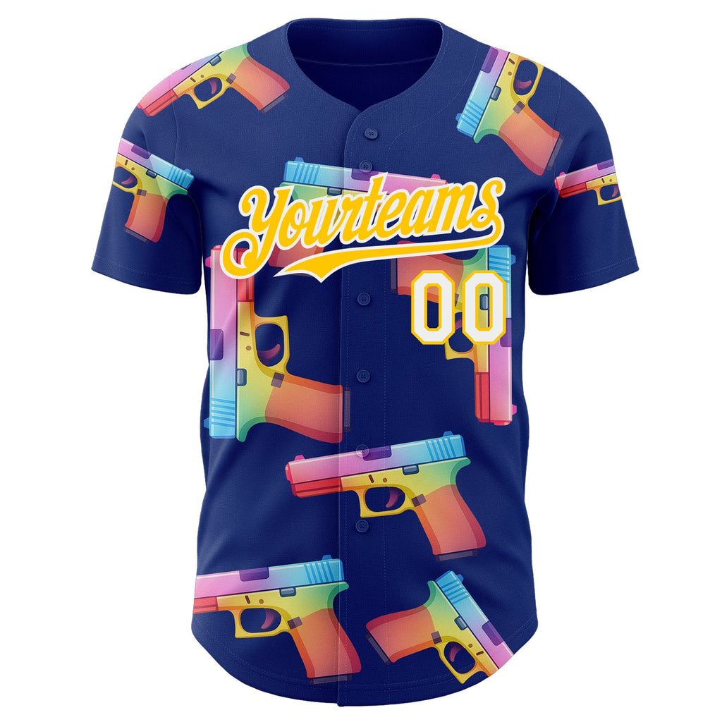 Custom Royal Yellow-White Colorful Firepower 3D Pattern Design Authentic Baseball Jersey
