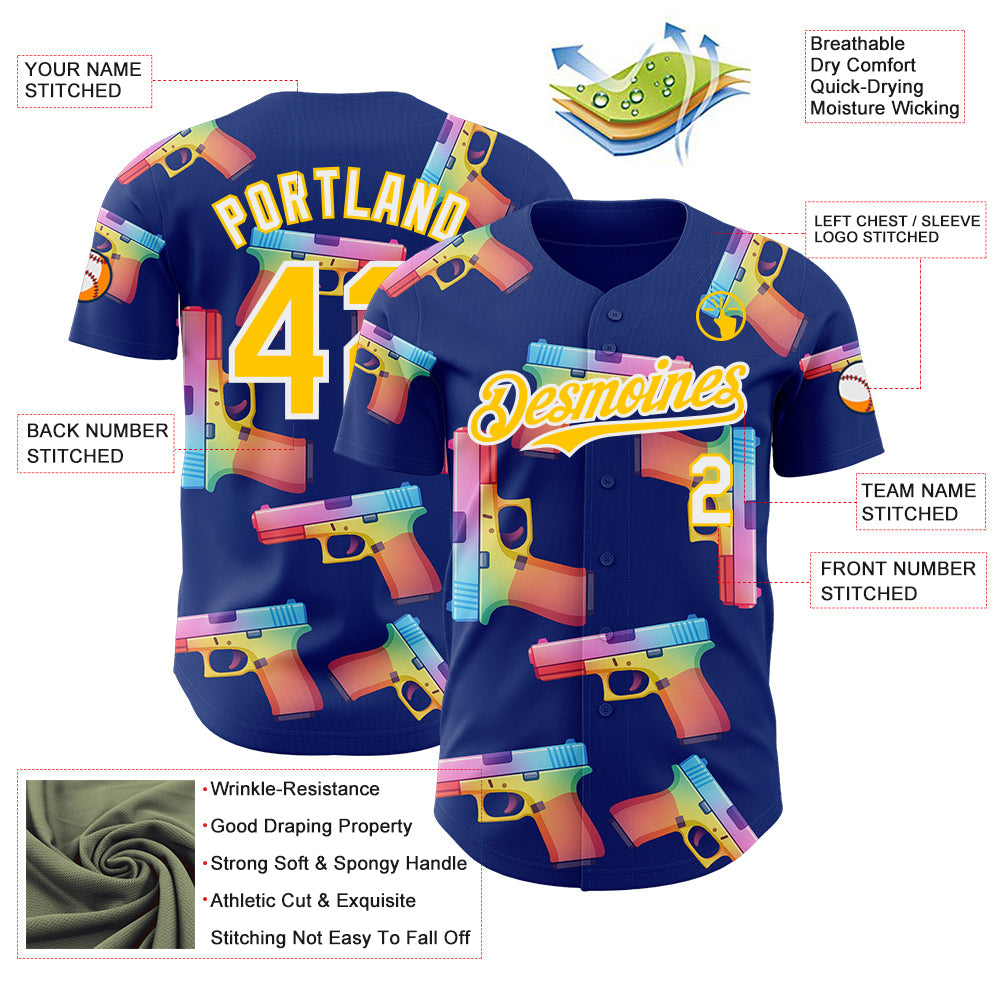Custom Royal Yellow-White Colorful Firepower 3D Pattern Design Authentic Baseball Jersey