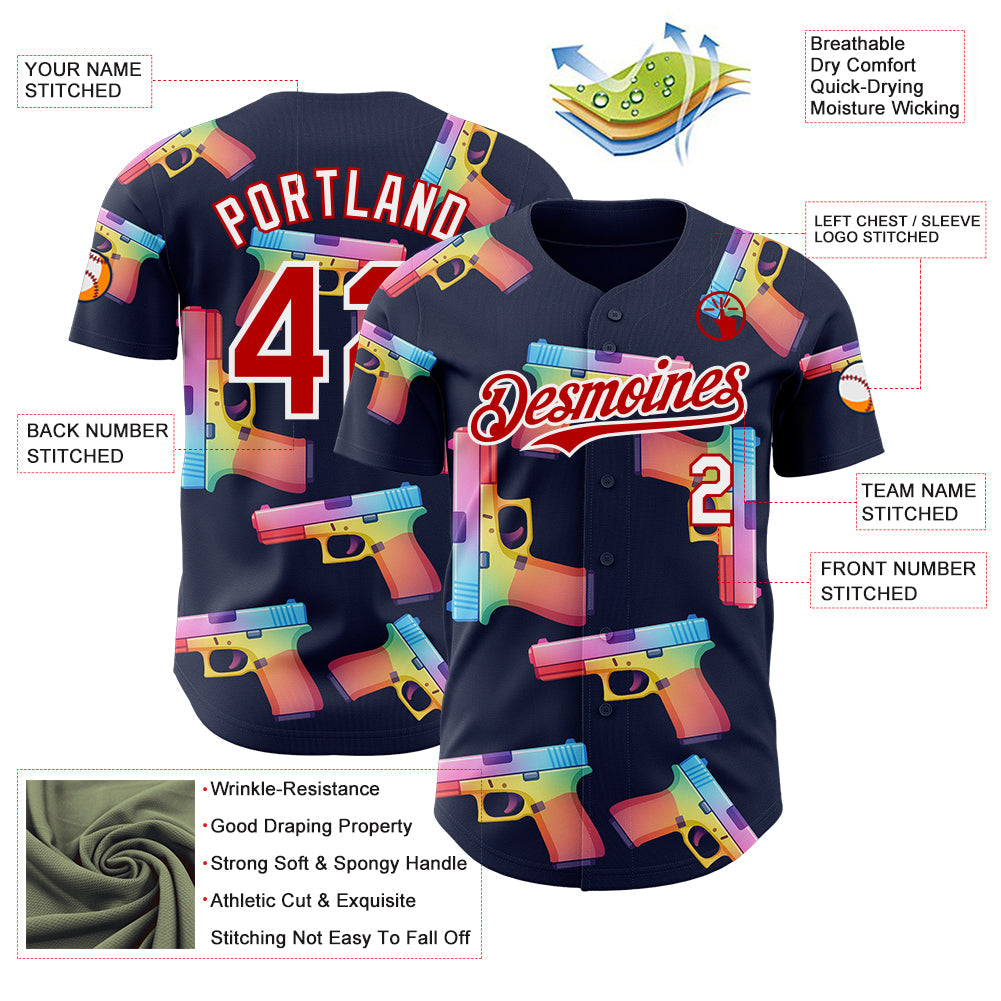 Custom Navy Red-White Colorful Firepower 3D Pattern Design Authentic Baseball Jersey