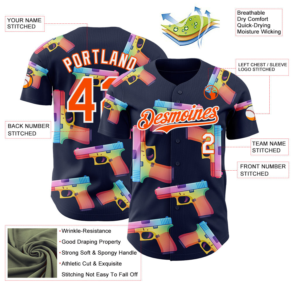 Custom Navy Orange-White Colorful Firepower 3D Pattern Design Authentic Baseball Jersey