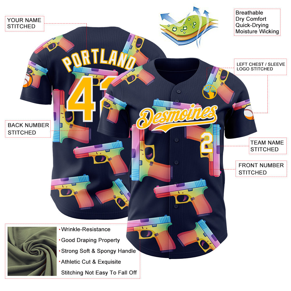 Custom Navy Gold-White Colorful Firepower 3D Pattern Design Authentic Baseball Jersey