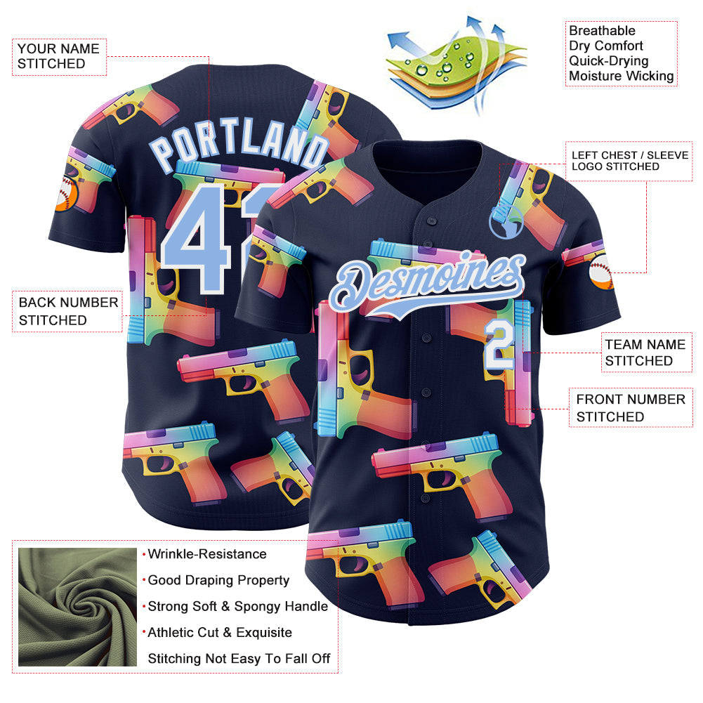 Custom Navy Light Blue-White Colorful Firepower 3D Pattern Design Authentic Baseball Jersey