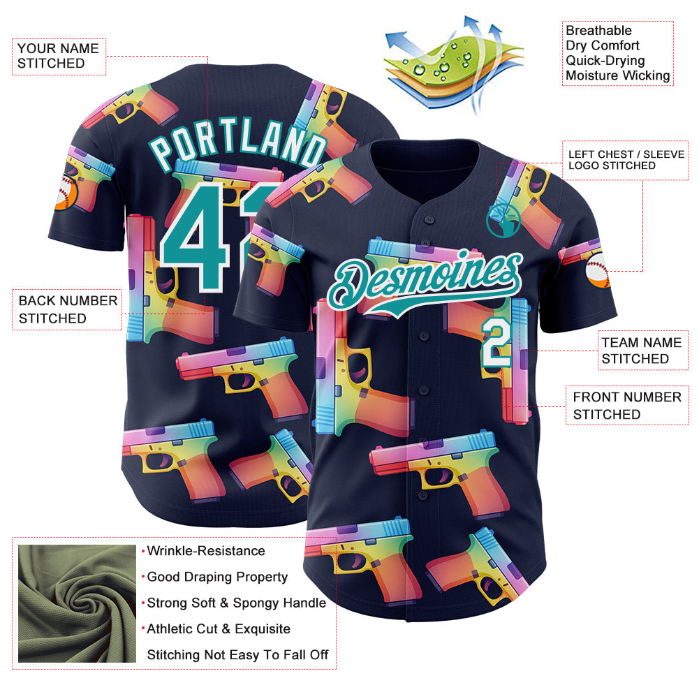 Custom Navy Teal-White Colorful Firepower 3D Pattern Design Authentic Baseball Jersey
