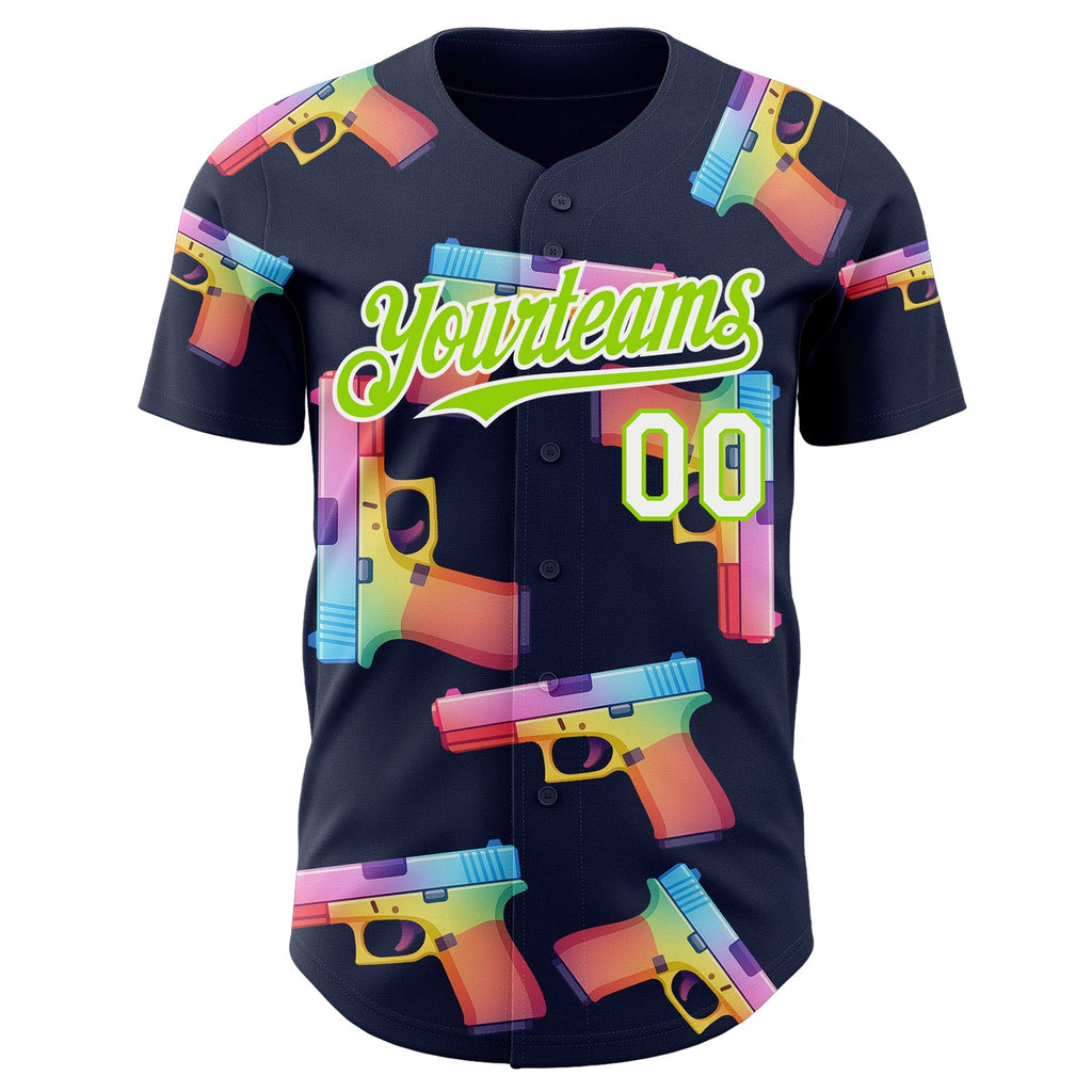 Custom Navy Neon Green-White Colorful Firepower 3D Pattern Design Authentic Baseball Jersey