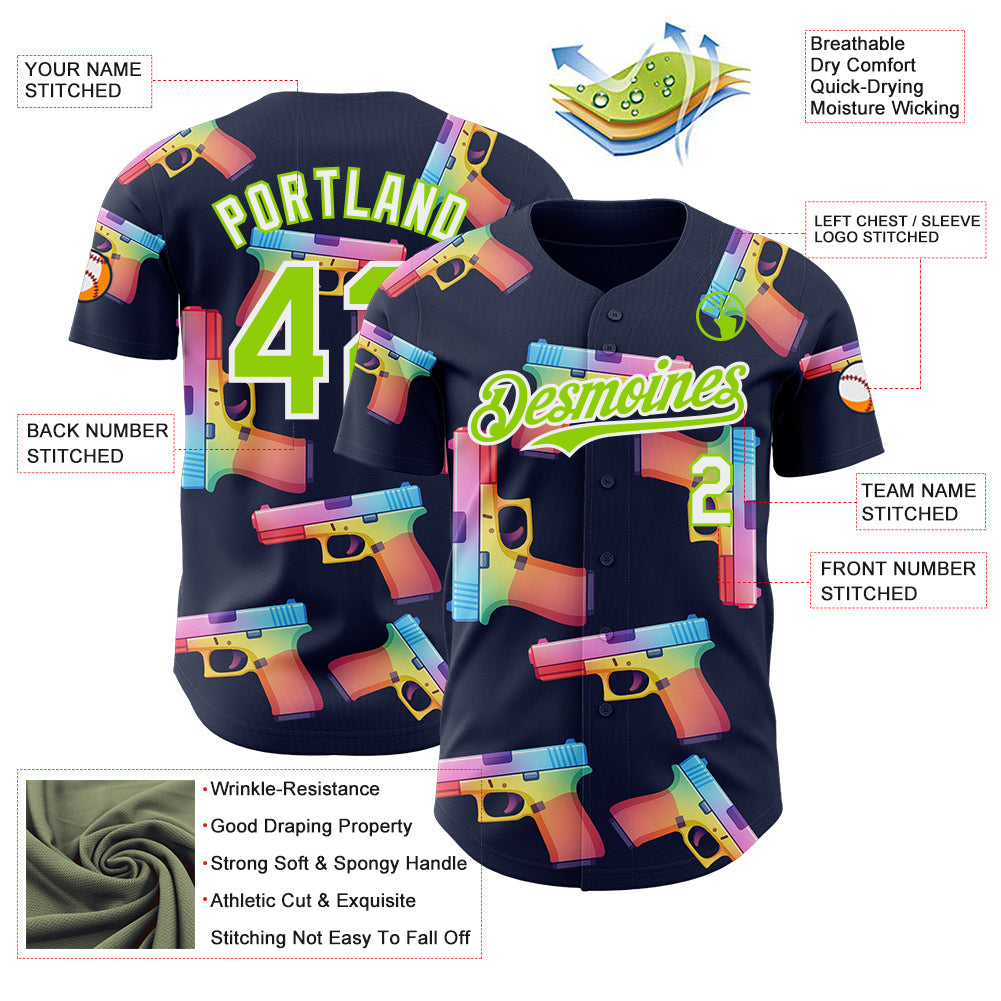 Custom Navy Neon Green-White Colorful Firepower 3D Pattern Design Authentic Baseball Jersey