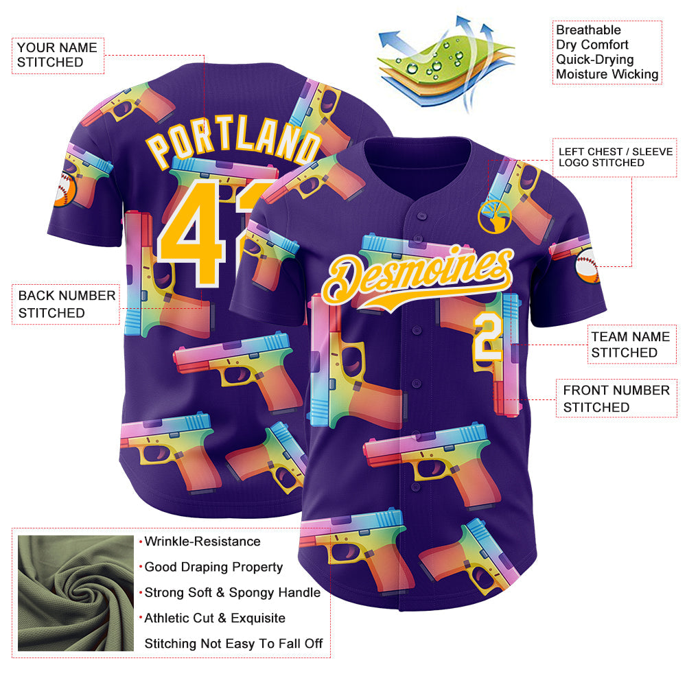 Custom Purple Gold-White Colorful Firepower 3D Pattern Design Authentic Baseball Jersey