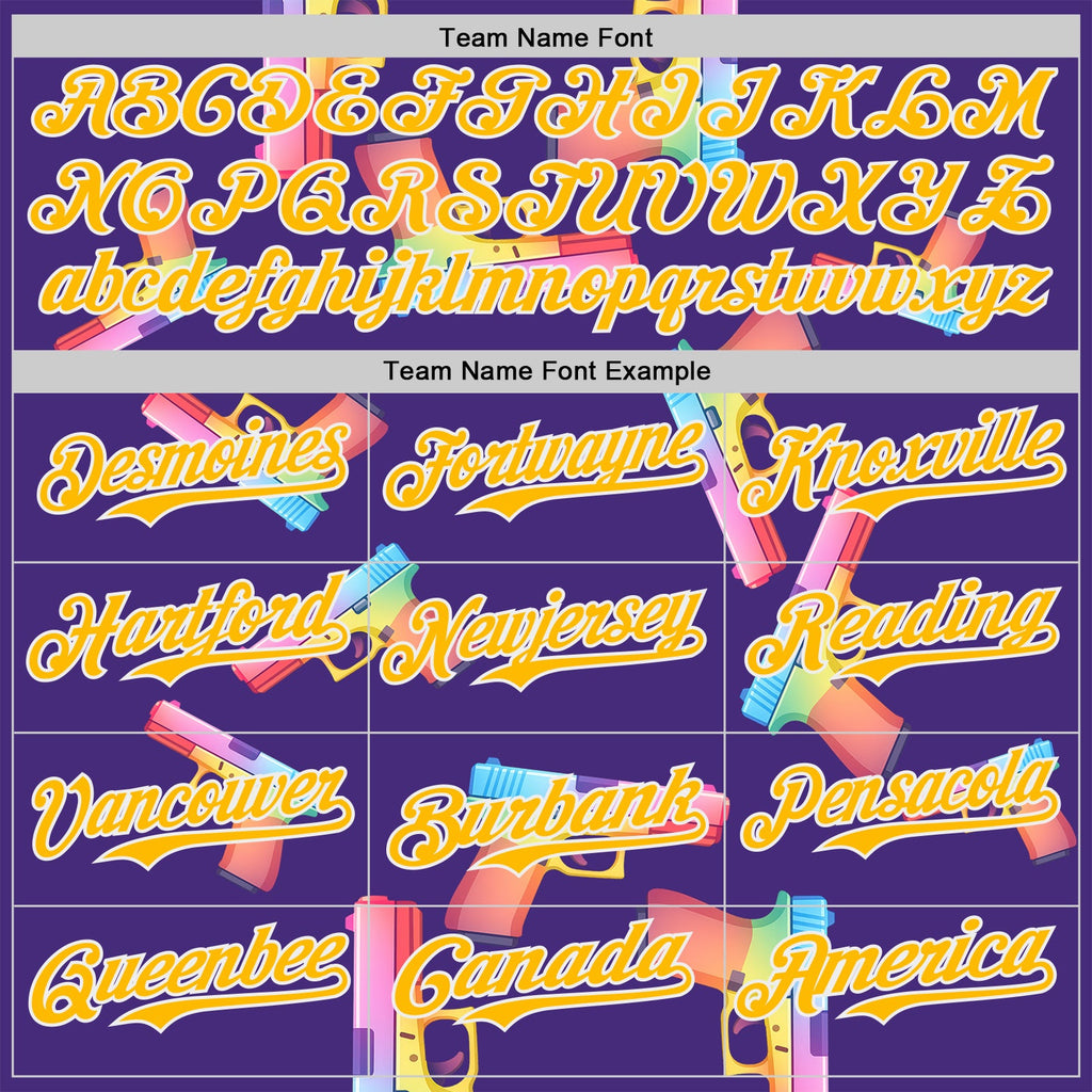Custom Purple Gold-White Colorful Firepower 3D Pattern Design Authentic Baseball Jersey